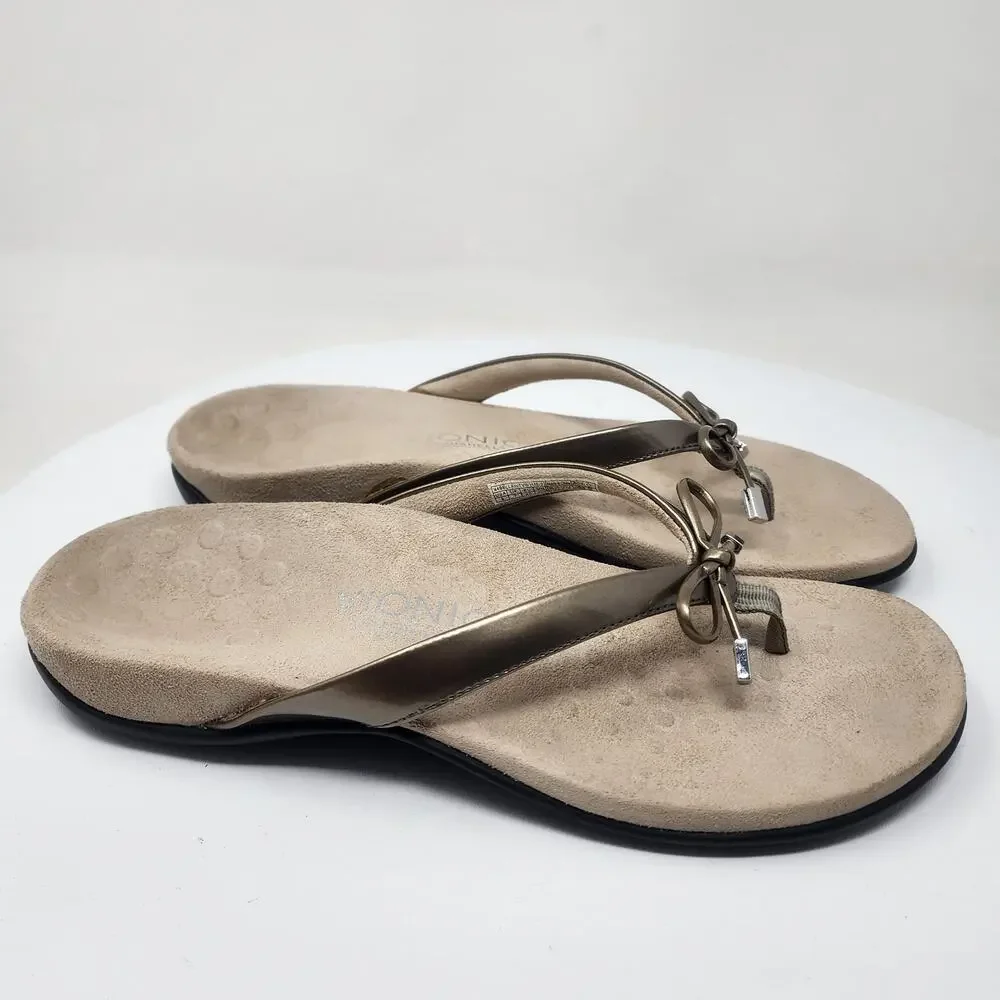 Vionic Bella II Flipflop Sandal Women 9 Champagne Gold Metallic Bow Comfort Shoe